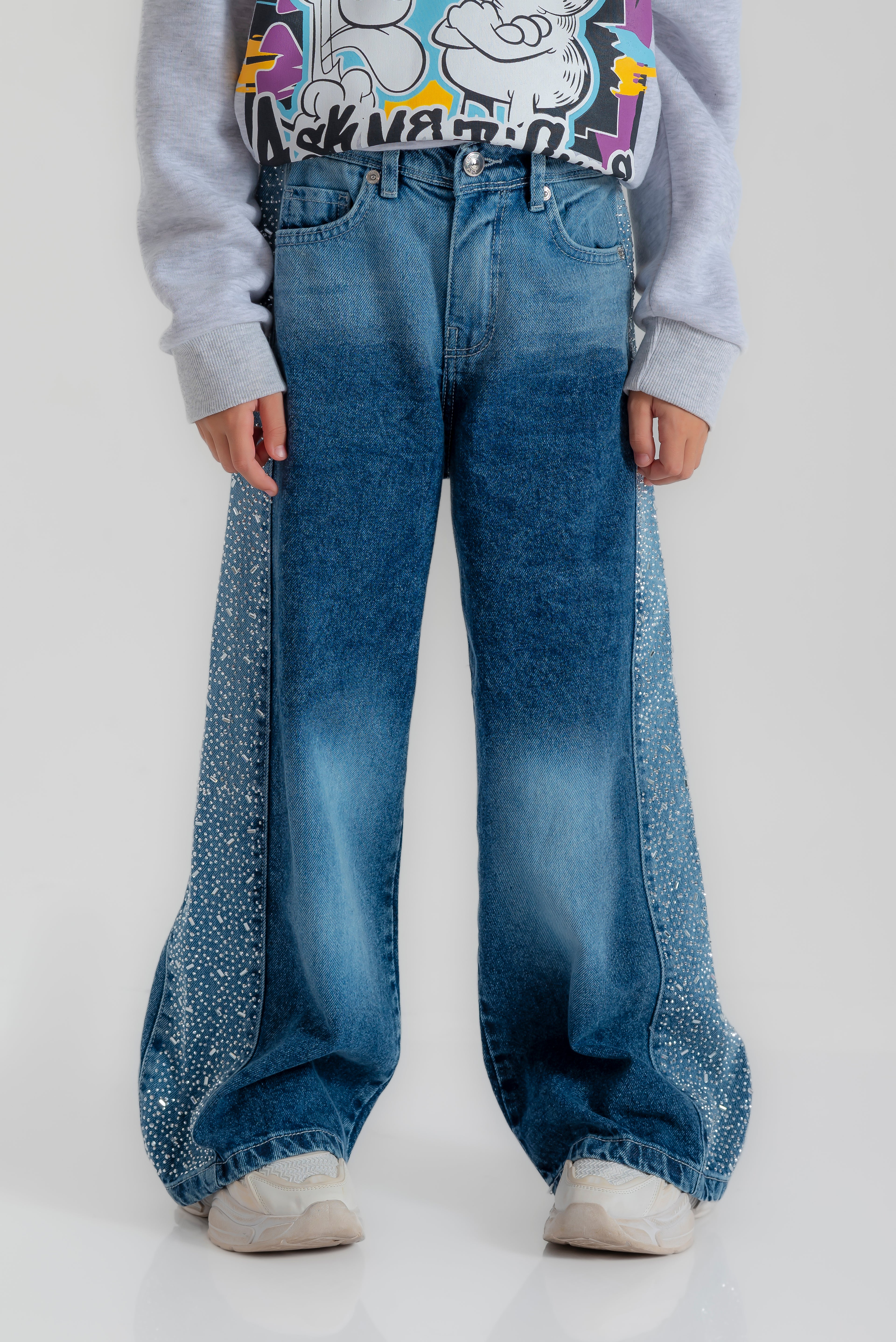 "Wide-leg embellished jeans" for girls