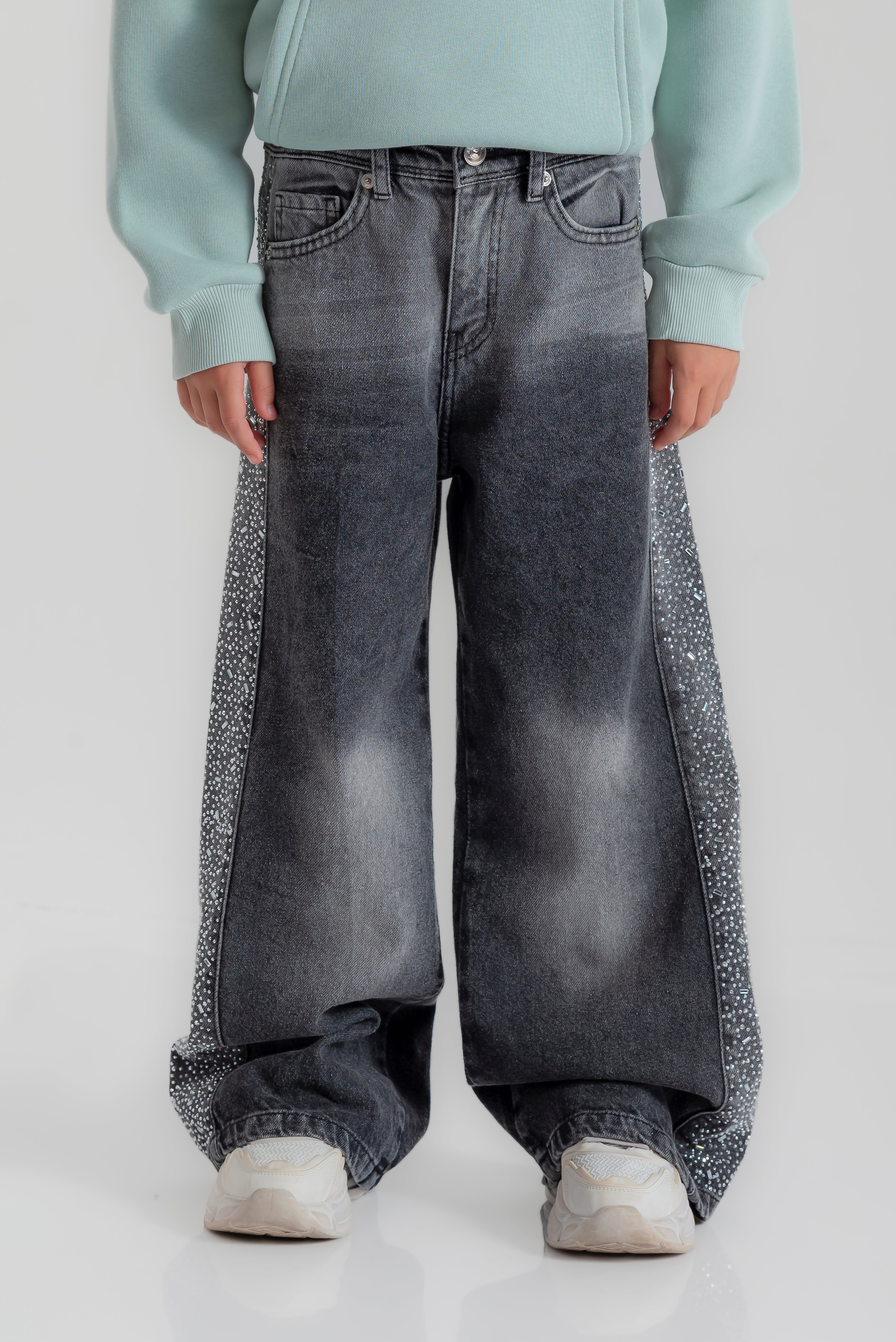 "Wide-leg embellished jeans" for girls
